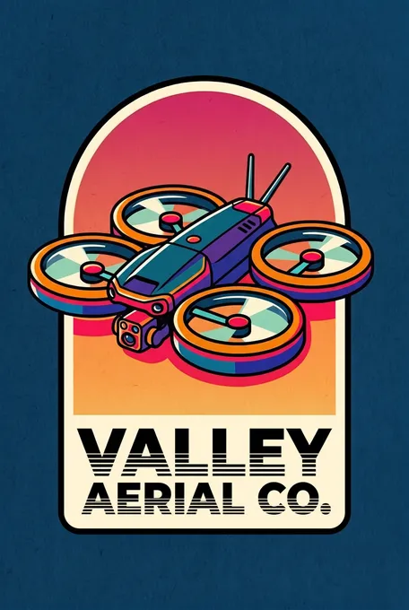 Valley Aerial Co. retro drone emblem in sunset orange, pink, and teal